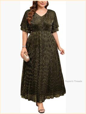 Plus Size Sparkly Mesh Maxi Formal Dress Ruffle Sleeves V Neck A-line